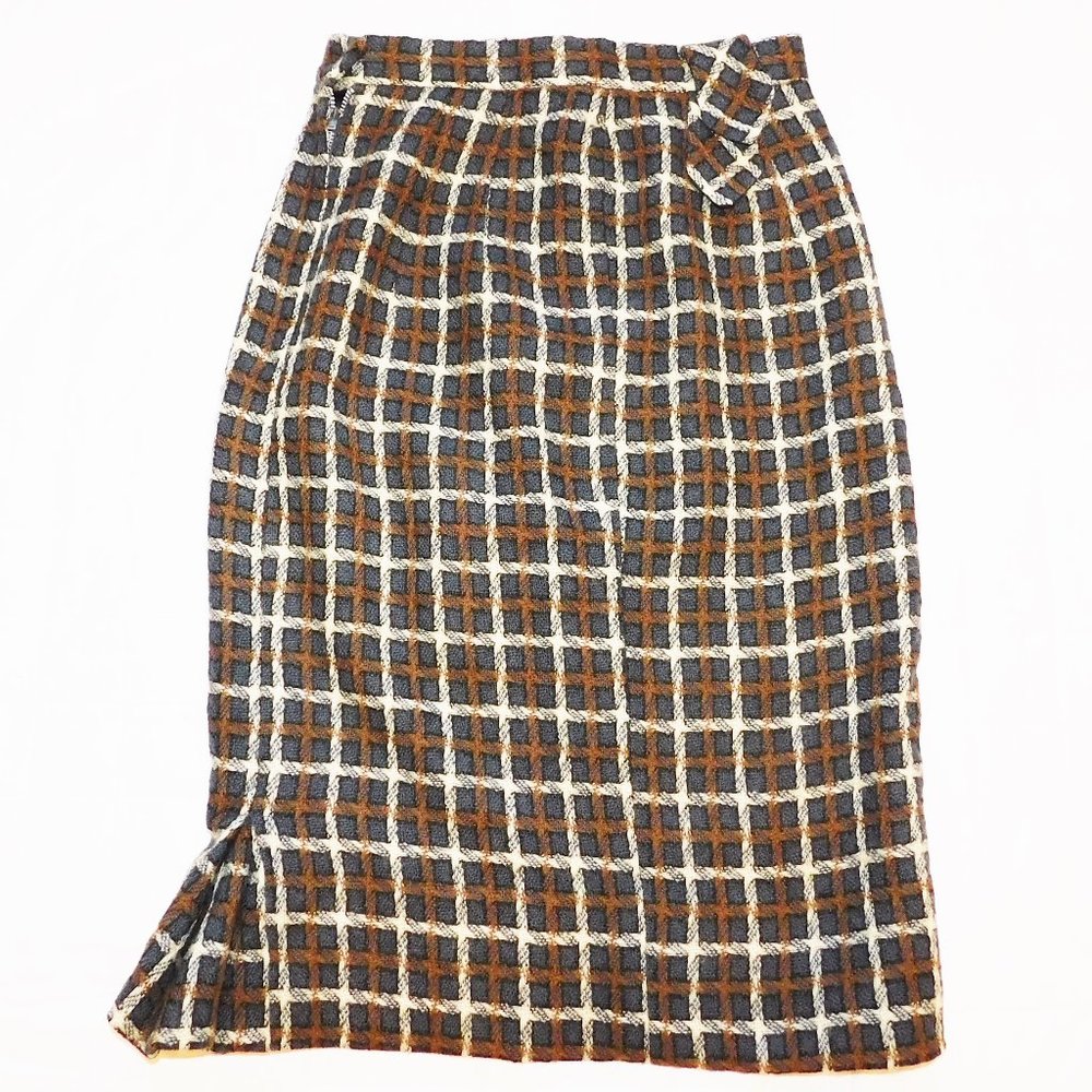 Vintage Stockton of Dallas XS 60s 70s Brown Plaid Skirt Knee Length or Mini